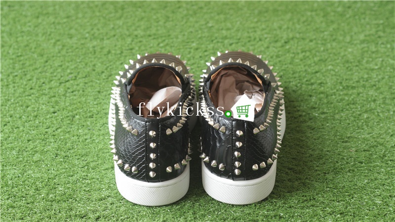 Christian Louboutin Low Spikes Python Leather Pik Boat Flat Black Casual Shoes White Rivets